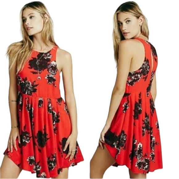 Free People Dresses & Skirts - FREE PEOPLE | Flutterby Cherry Red Floral Pleated High-Neck Mini Dress, Size 2